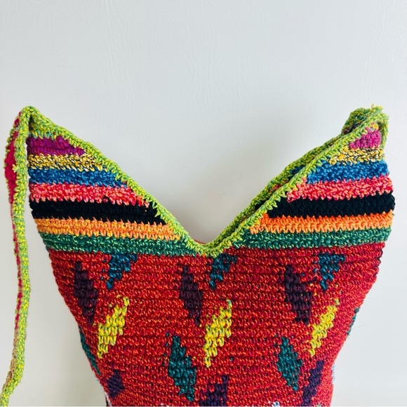 Shoulder Bucket Bag Red Crocheted Design Hippie Boho Purse Aztec Crossbody - Picture 3 of 12